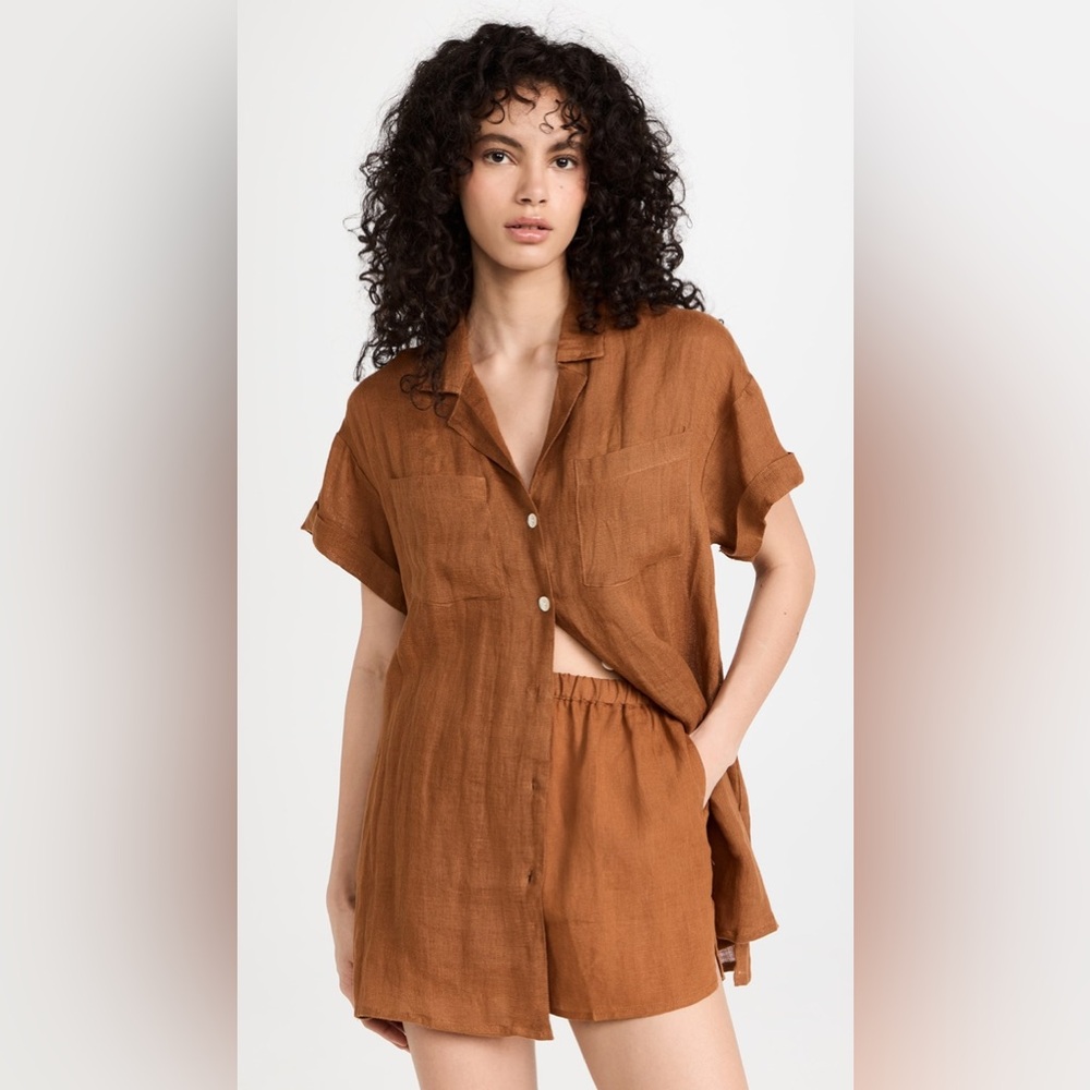 Vitamin A Playa Pocket Button Blouse Eco Linen Coco Brown rust size XS